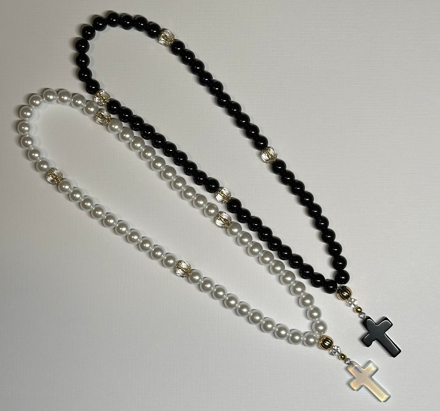 Wedding set keepsake black & white glass “pearl” prayer rope (50 beads each)
