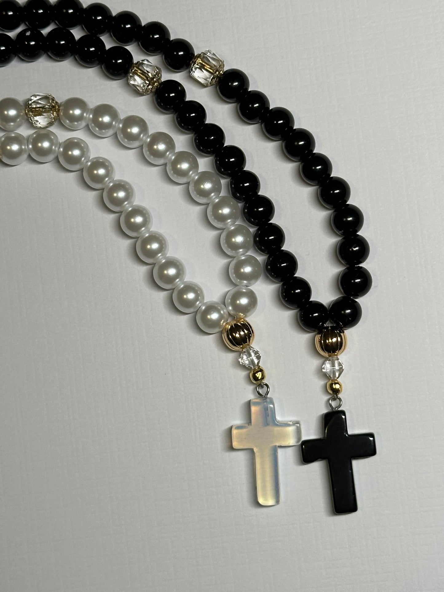 Wedding set keepsake black & white glass “pearl” prayer rope (50 beads each)