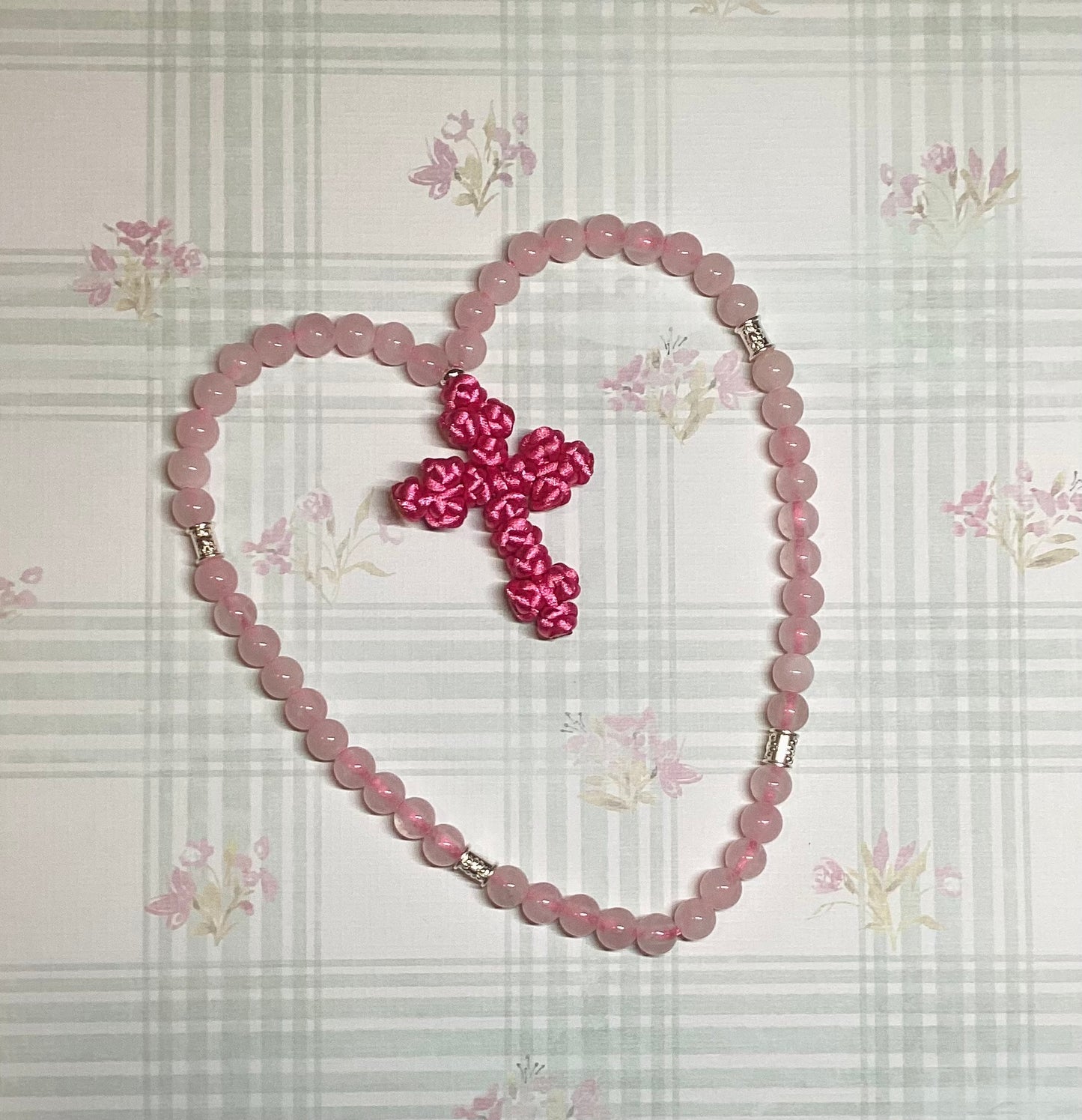 Rose quartz gemstone beaded prayer rope chotki with knotted cross