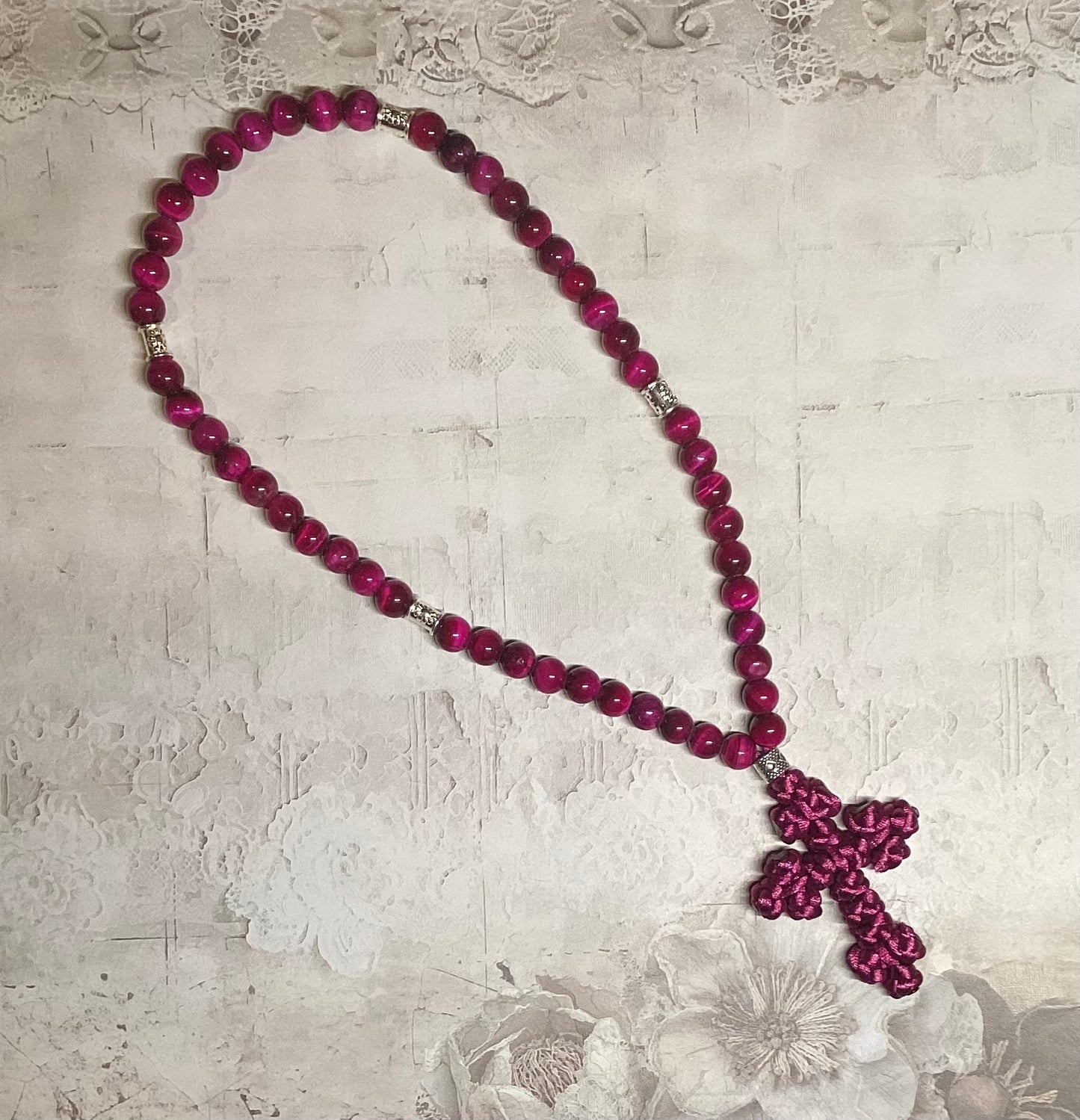 Dark pink Rose Red Tiger's eye gemstone beaded prayer rope chotki