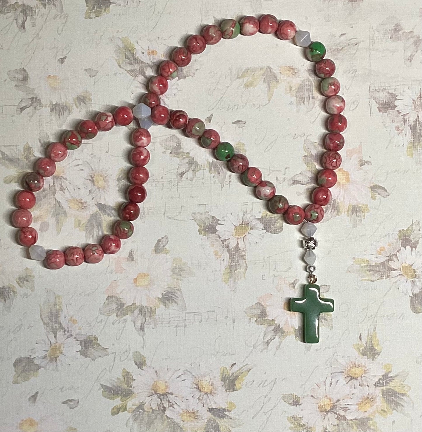 Light Red & Green Floral jasper 50 stone bead prayer rope chotki
