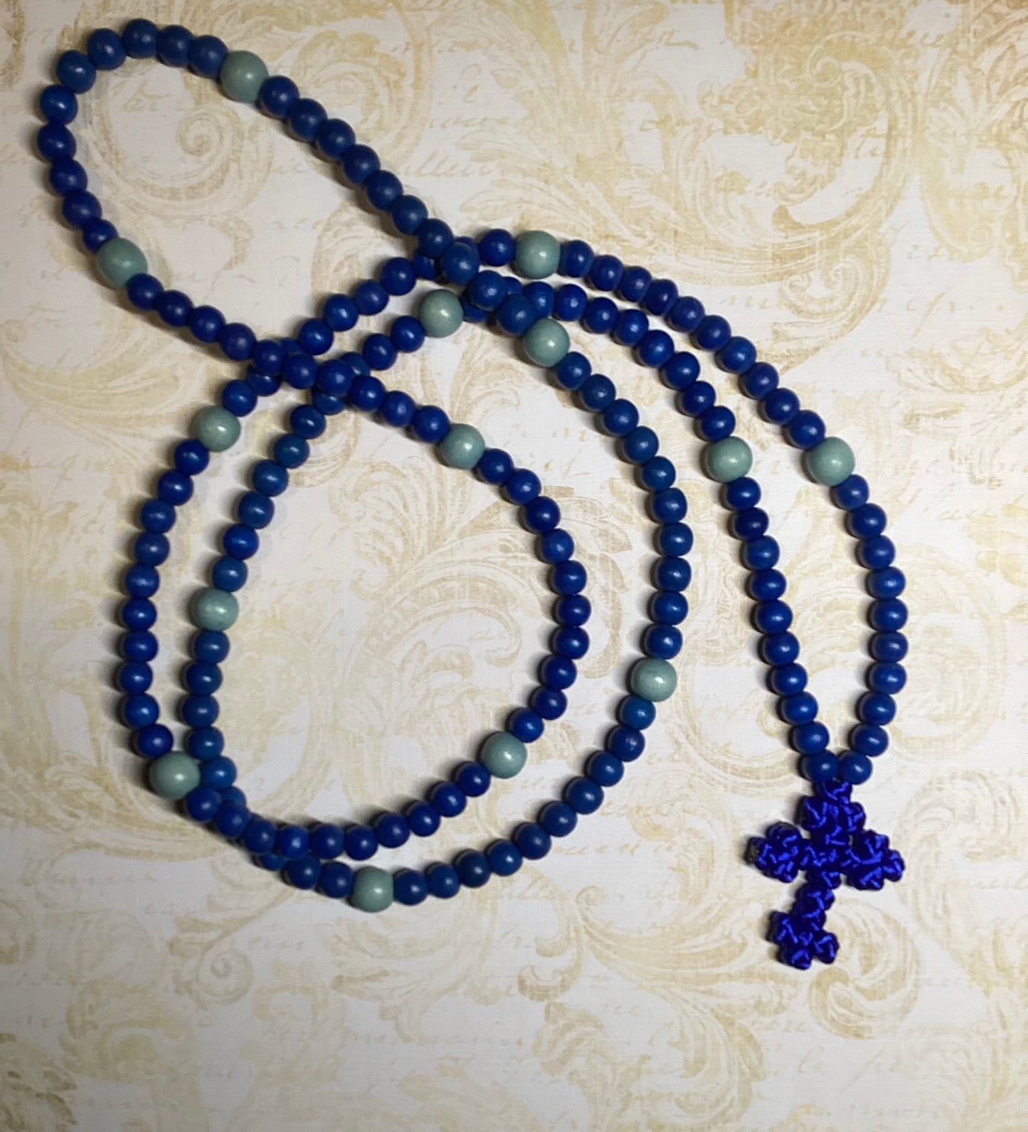 Blue 150 wooden bead Orthodox prayer rope w/ knotted cross