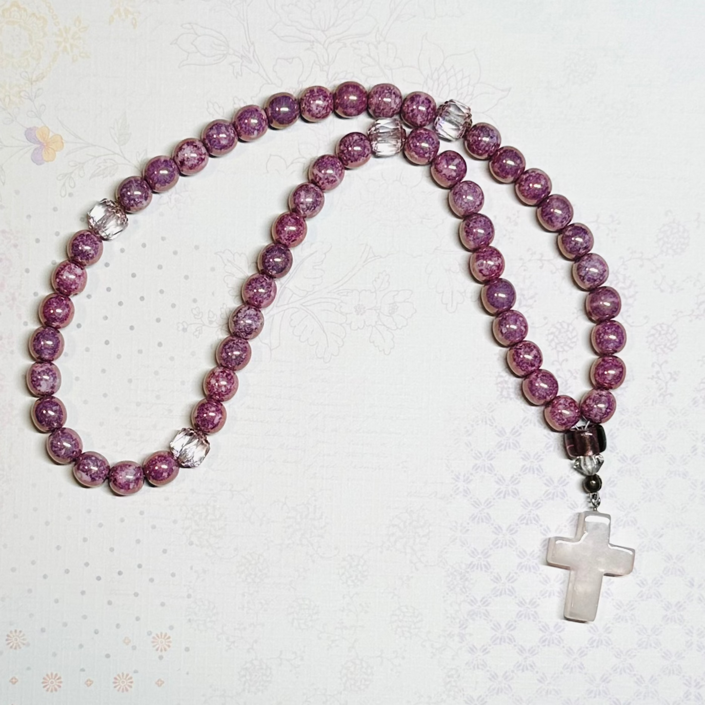 Mauve granite 50-bead (Preciosa glass w/ cathedral spacers) prayer rope chotki