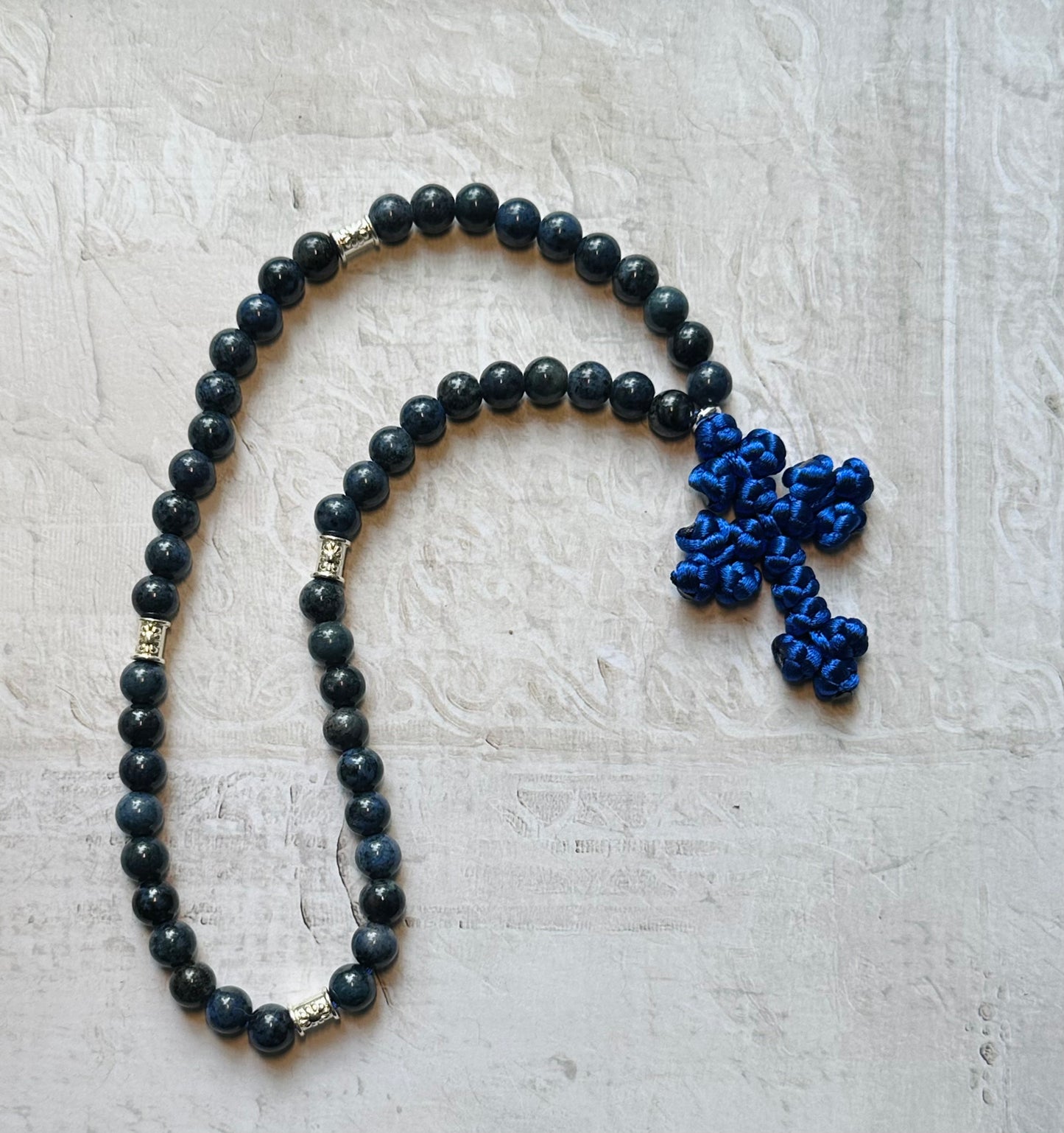 Blue-gray Dumortierite gemstone beaded prayer rope chotki