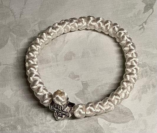 Baptismal keepsake 33-knot Orthodox wrist prayer rope (white satin) bracelet chotki