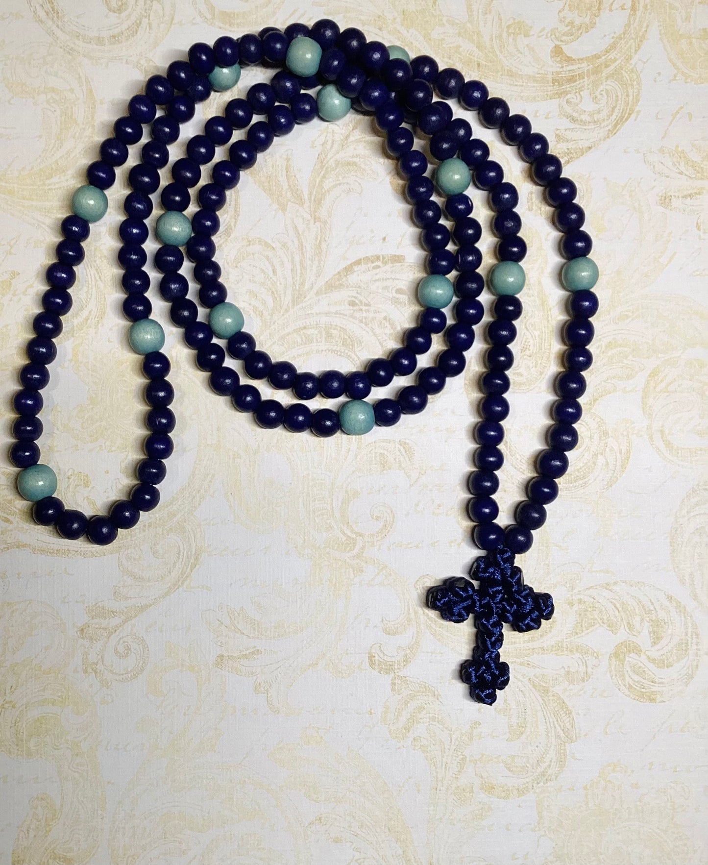 Blue 150 wooden bead Orthodox prayer rope w/ knotted cross