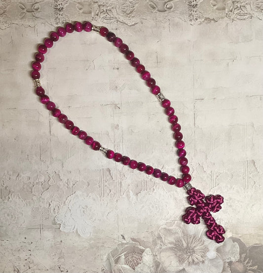Dark pink Rose Red Tiger's eye gemstone beaded prayer rope chotki
