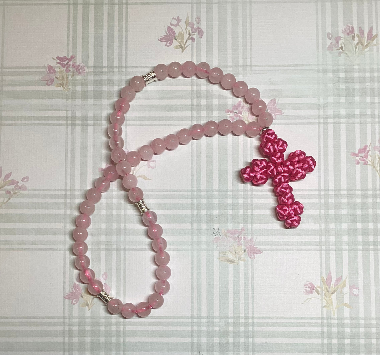 Rose quartz gemstone beaded prayer rope chotki with knotted cross
