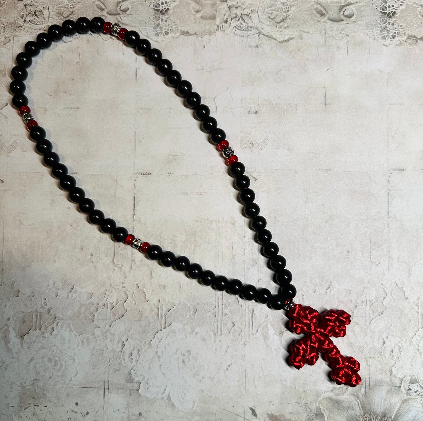 Black magnesite gemstone beaded prayer rope chotki with knotted cross