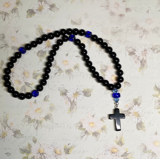 Black obsidian natural gemstone 50 bead prayer rope chotki w/ cathedral beads