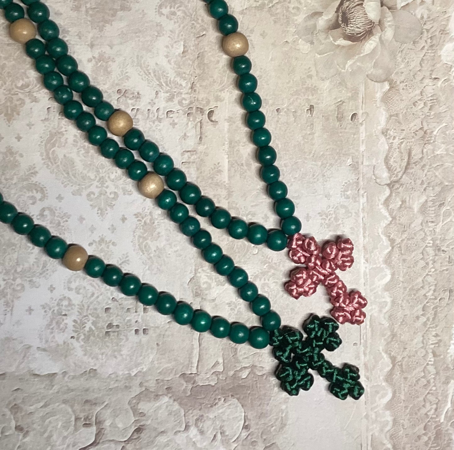 Green 150 wooden bead Orthodox prayer rope w/ knotted cross