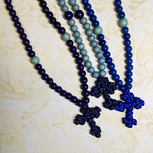 Blue 150 wooden bead Orthodox prayer rope w/ knotted cross