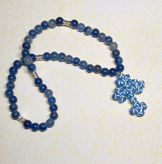 Blue aventurine gemstone beaded prayer rope chotki with knotted cross