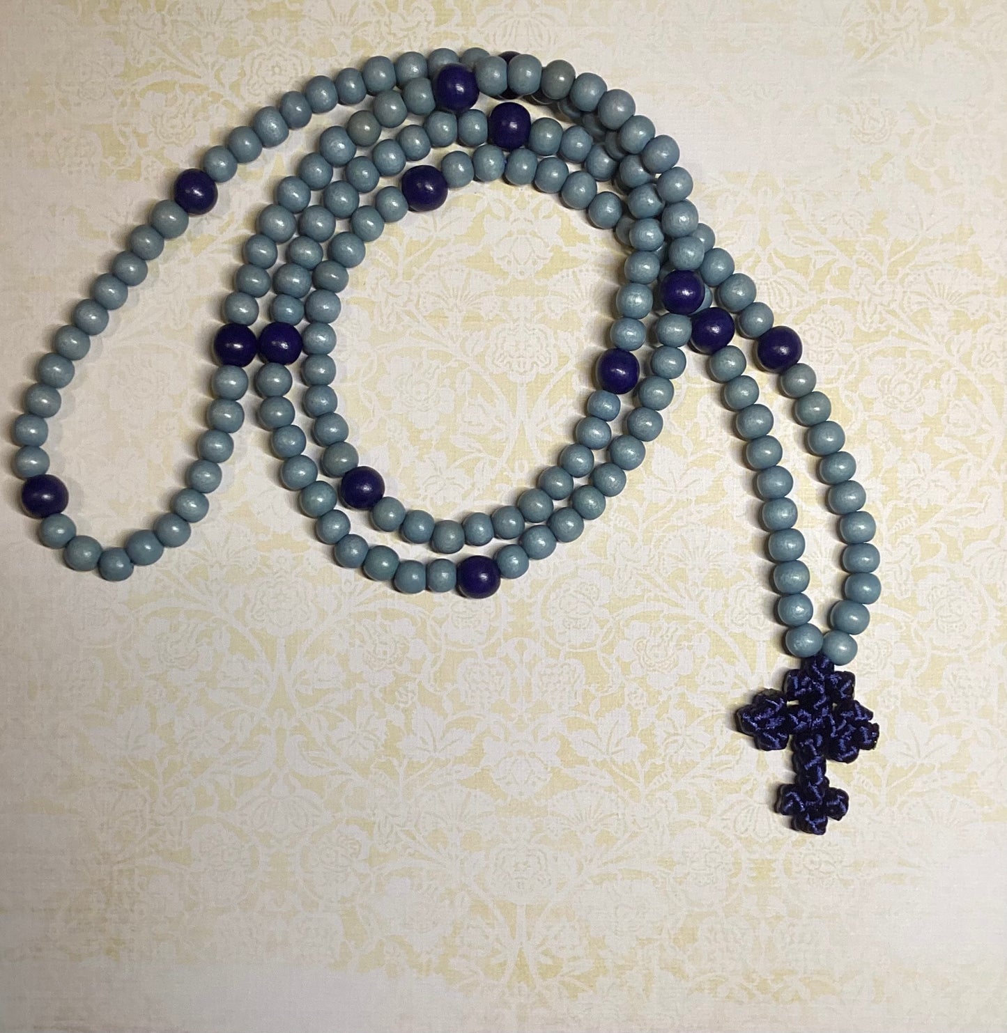 Blue 150 wooden bead Orthodox prayer rope w/ knotted cross