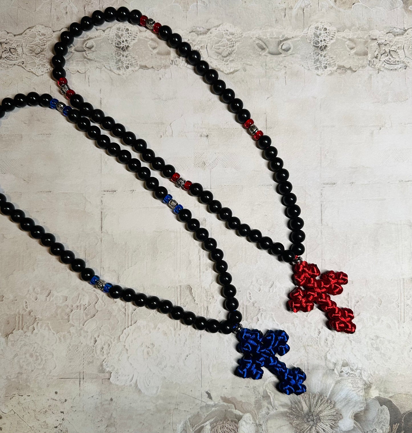 Black magnesite gemstone beaded prayer rope chotki with knotted cross