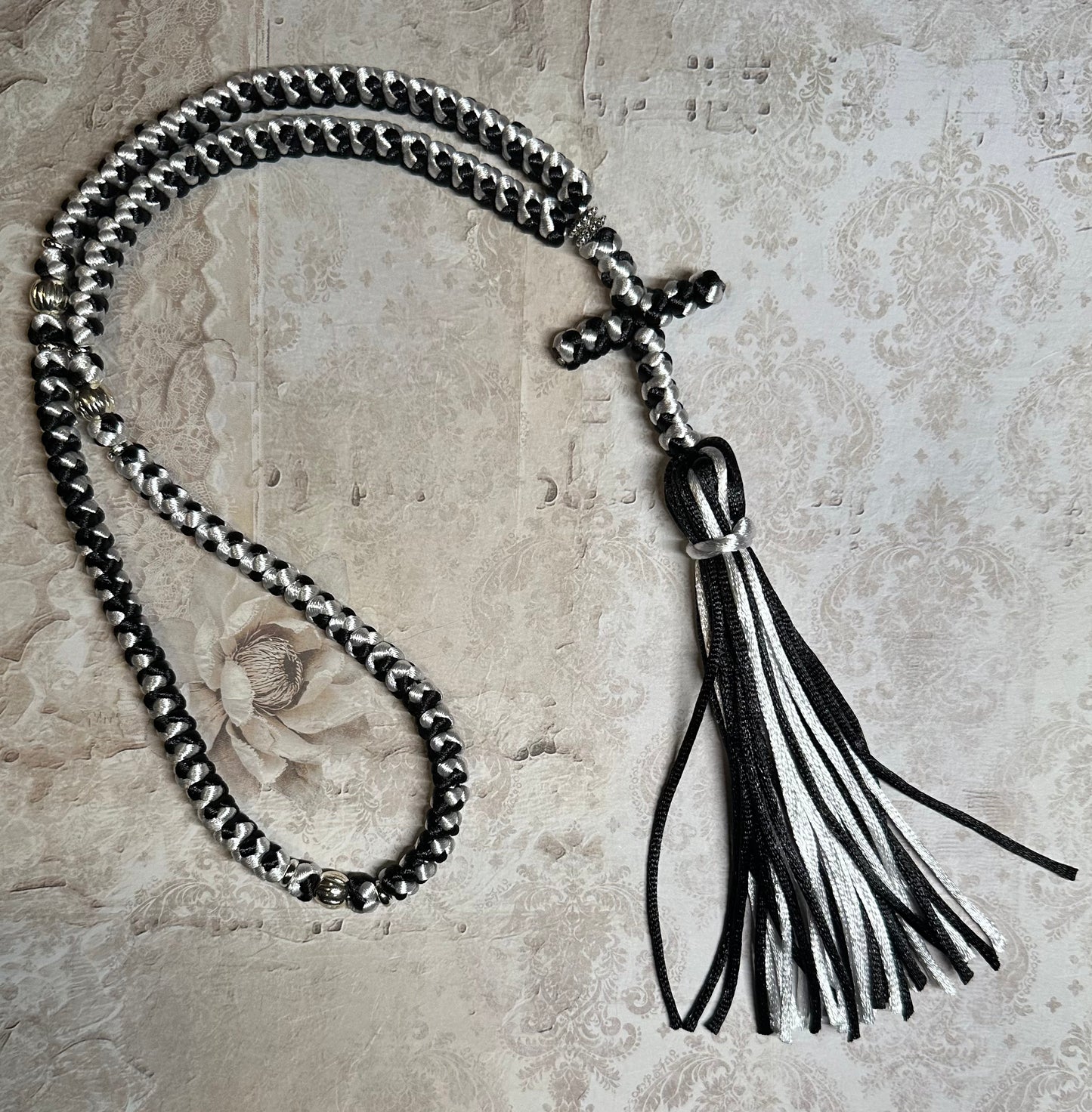 Wedding keepsake 100-knot black & white prayer rope -MADE TO ORDER