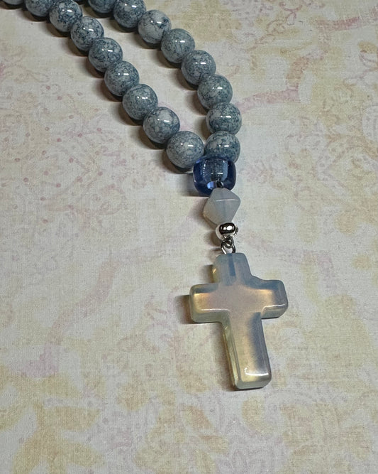 Light blue "granite" 50-bead glass “gemstone” prayer rope chotki komboskini