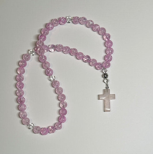 Pink ice flake "quartz" crackle glass 50-bead prayer rope chotki