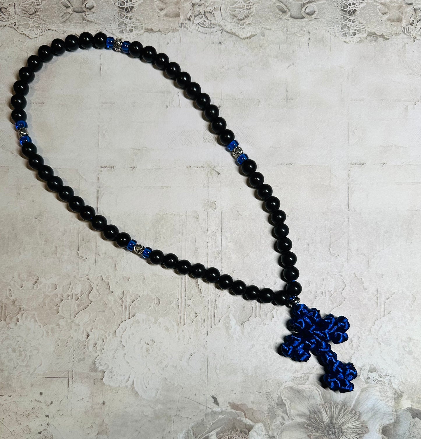 Black magnesite gemstone beaded prayer rope chotki with knotted cross